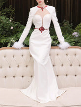 Long sleeve column gown with jeweled cutout – Starsel